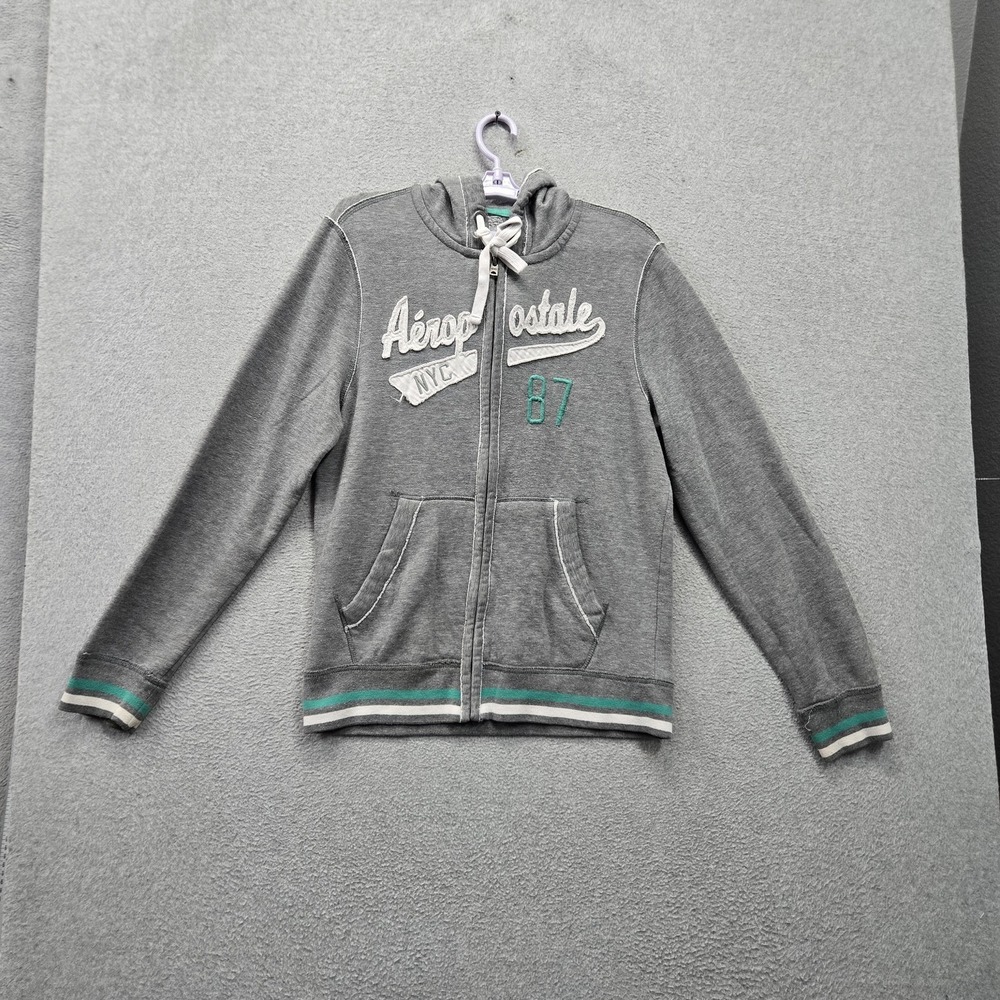 Aeropostale Women Hoodie M Gray Stripe Logo Spellout Embroidered Fleece Full Zip